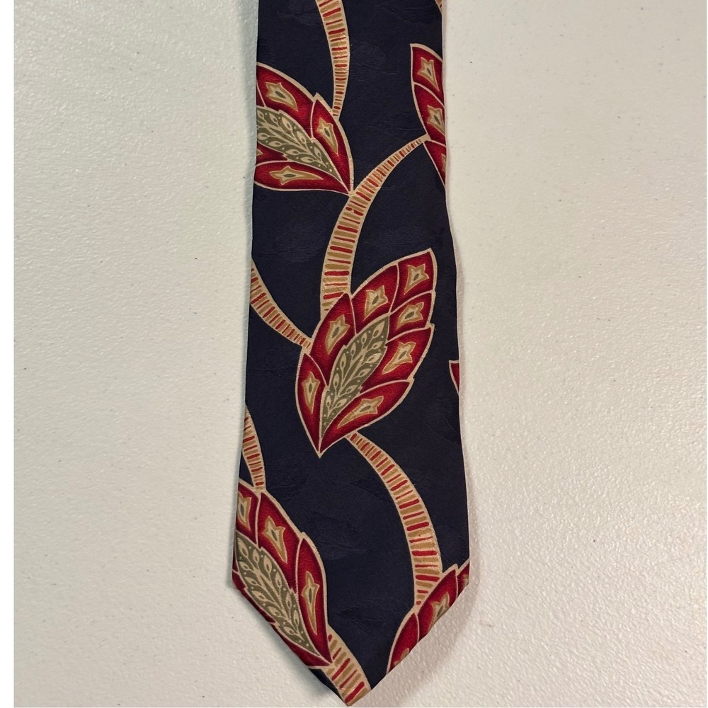 Giovanni Milano Italian Silk Necktie Leaf design Navy Blue Red‎ Gold tie WPL2831